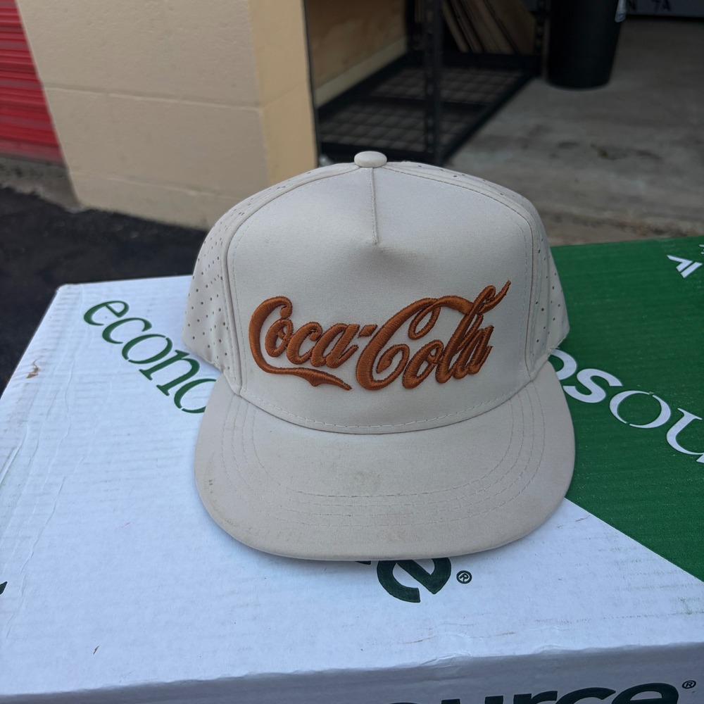 Coca-Cola Tan Perforated Snapback Trucker Hat Brown Script Logo Mens Cap